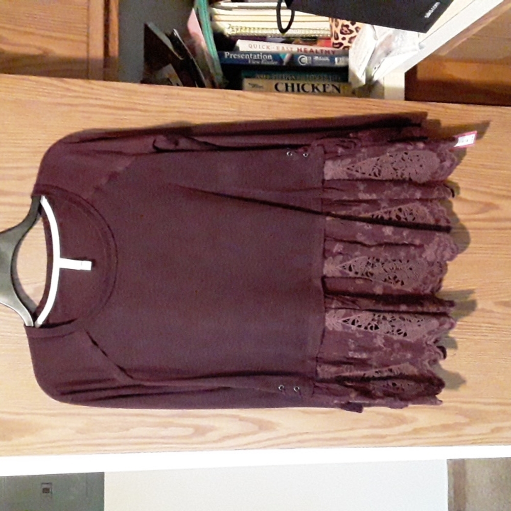 Plum lace knit corset tie tunic top xs